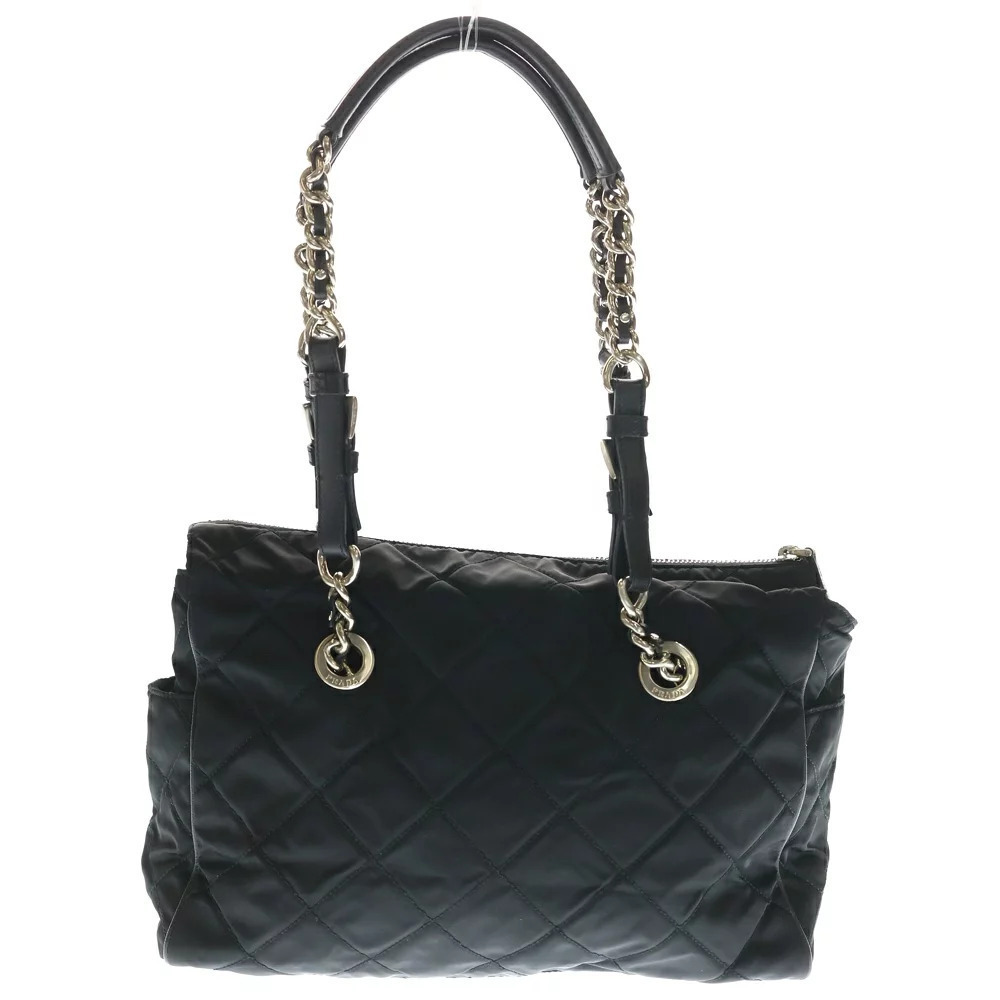 Prada Triangle Side Tote Handbag Bag Black Tessuto Chain Quilted Logo
